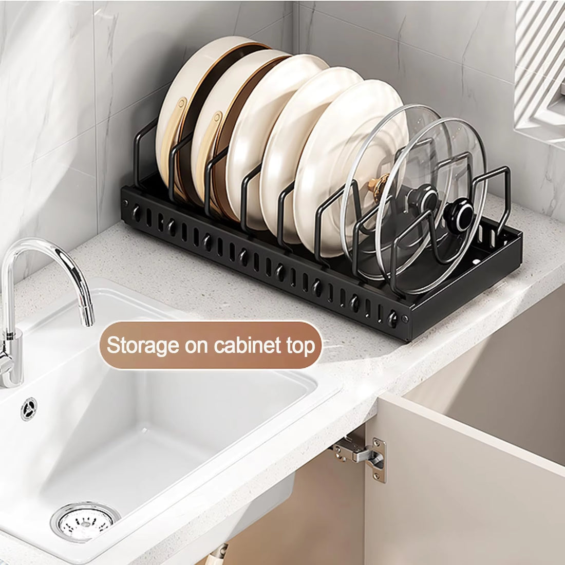 Under-Cabinet Pots and Pans Organizer with Sliding Lid Holder and Pull-Out Rack for Efficient Kitchen Storage