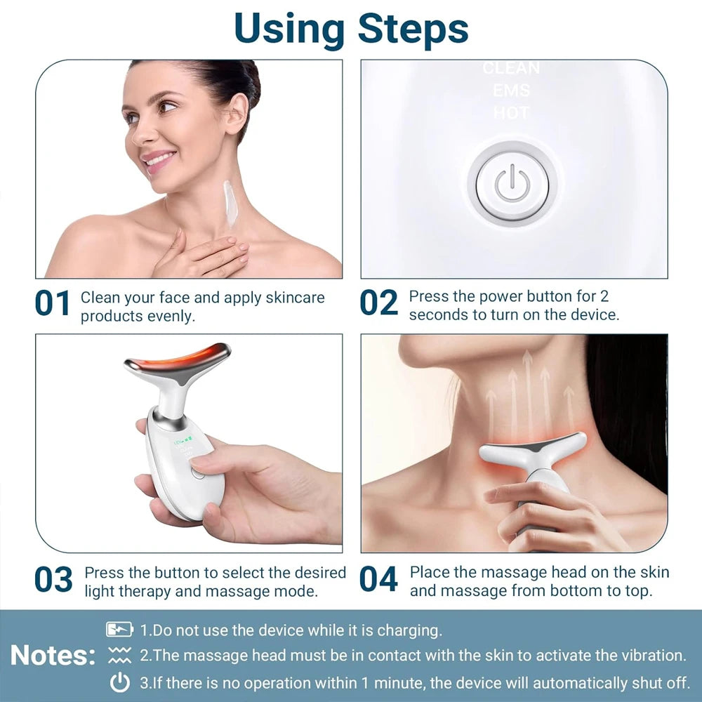 Neck and Facial Massager with Tri-Color Modes for Skin Rejuvenation and Contouring, Designed for Double Chin Reduction