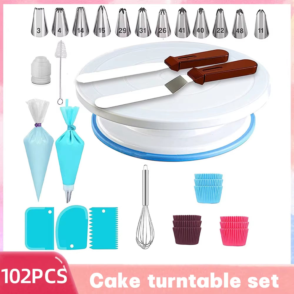 Professional 66/102-Piece Cake Decorating Set with 10-Inch Turntable and Essential Baking Tools for Home Bakers