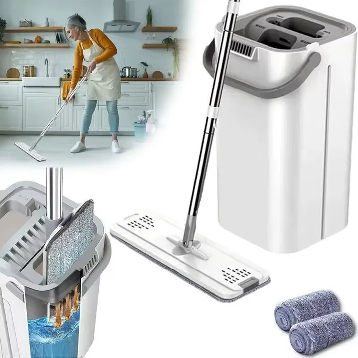 Hands-Free Flat Floor Mop Bucket Set for Professional Home Cleaning with Washable Microfiber Pads