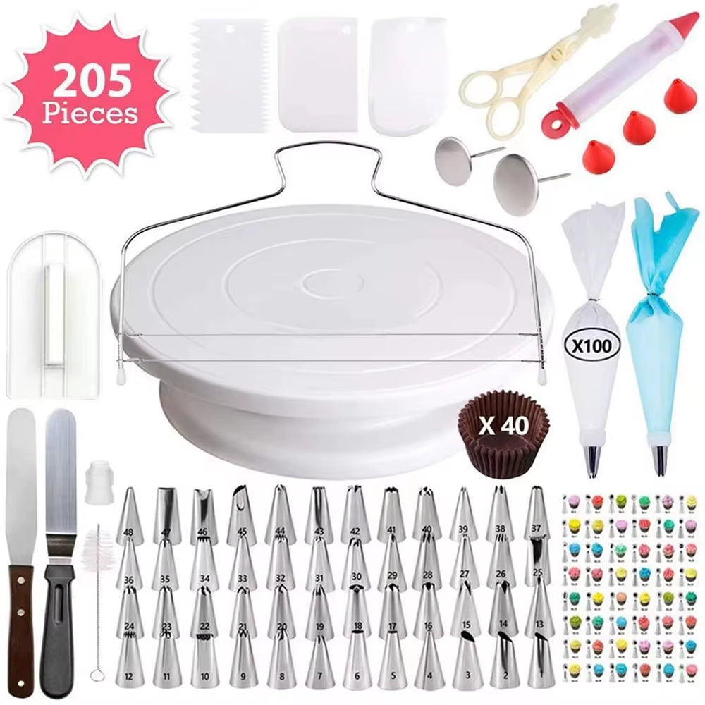 Professional Anti-Slip Cake Decorating Supplies Kit - 205/255 Pieces Including Cake Turntable, Pastry Piping Bags, and Icing Scrapers