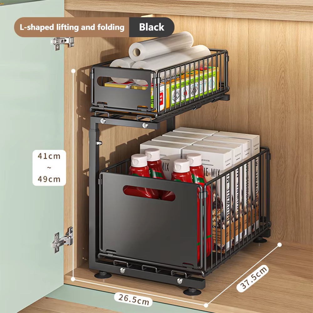 2-Tier Adjustable Pull-Out Cabinet Organizer for Kitchen Storage and Spice Jar Management