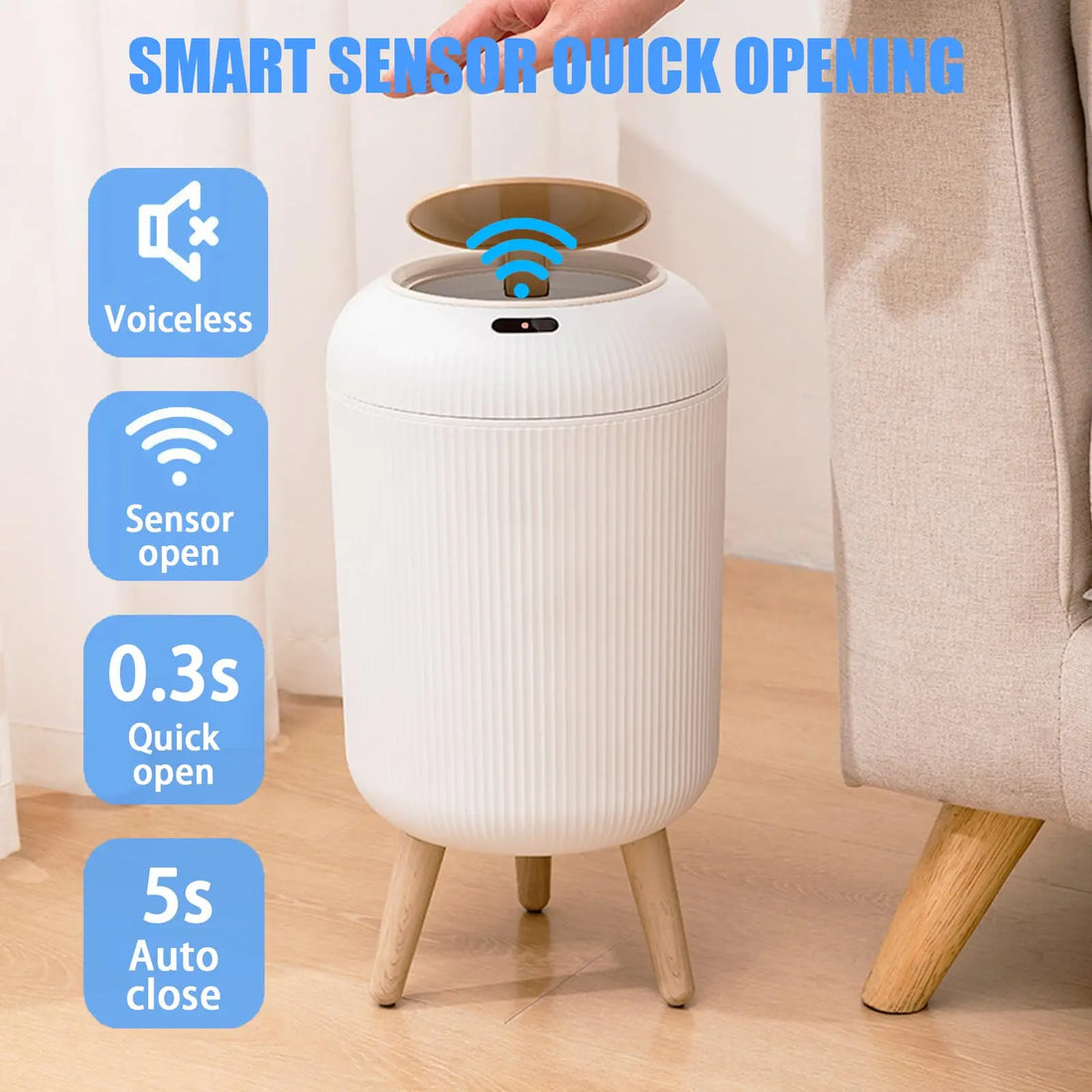 Smart Motion Sensor Trash Can with Lid - Elegant Compact Design for Multi-Purpose Use in Bedroom, Bathroom, Kitchen, and Office