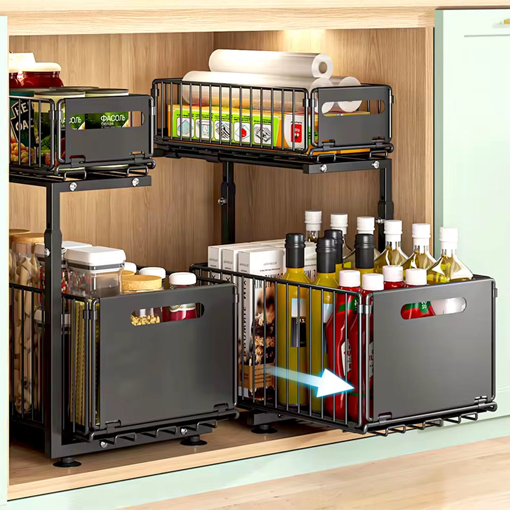 2-Tier Adjustable Pull-Out Cabinet Organizer for Kitchen Storage and Spice Jar Management