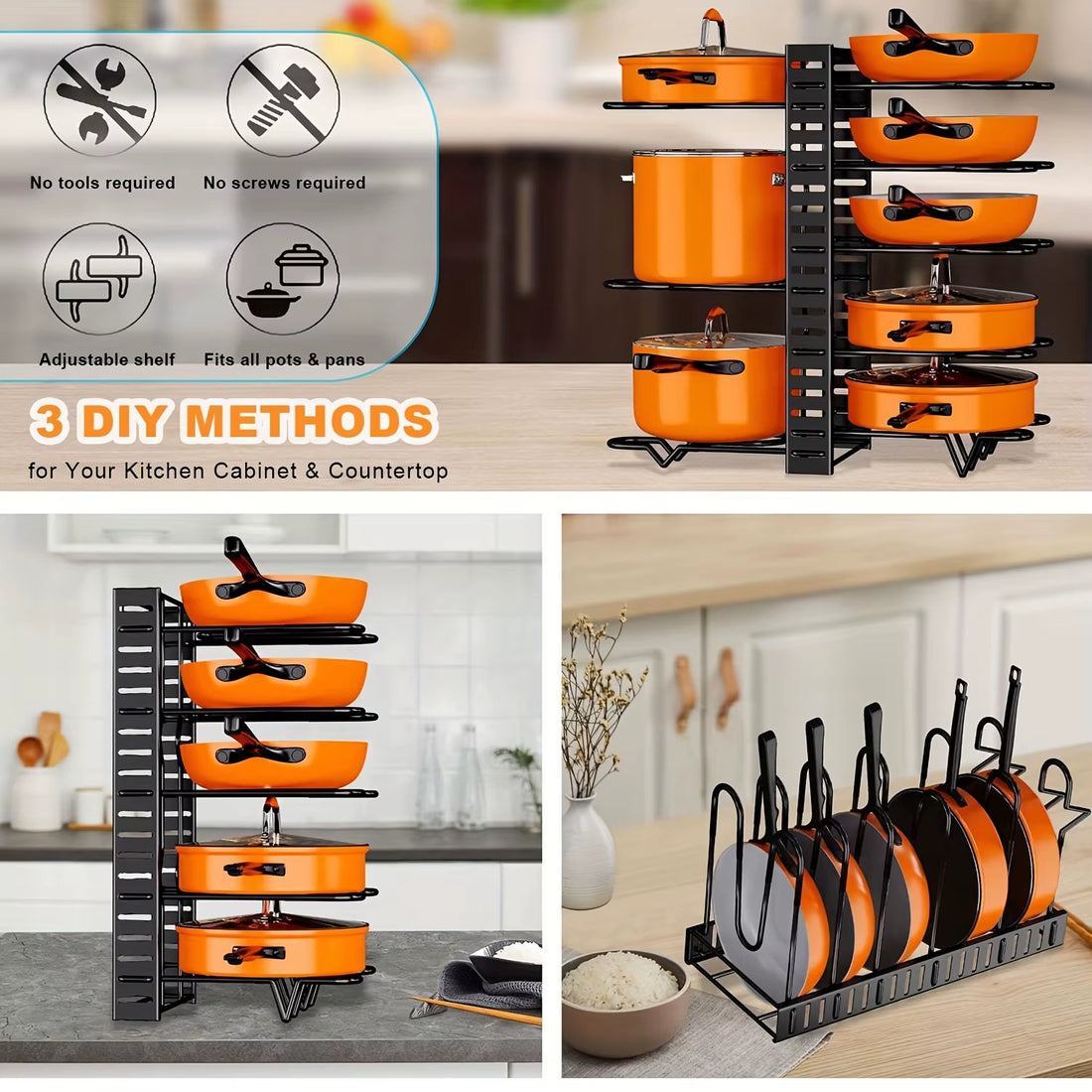 8-Tier Heavy-Duty Metal Pot Rack Organizer - Space-Saving Cabinet Holder for Pots, Pans, and Lids to Maintain a Neat and Tidy Kitchen