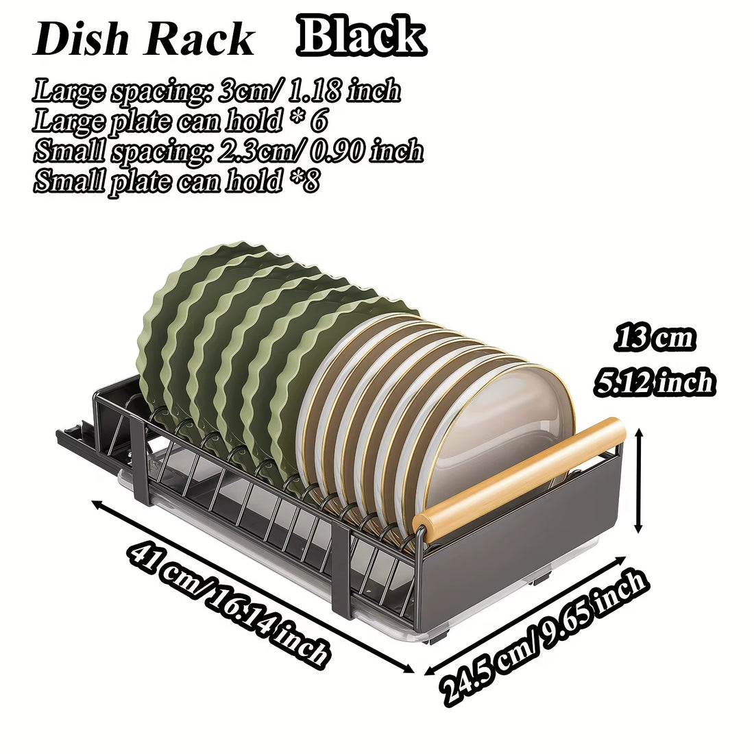 KIXOT Multifunctional Pull-Out Dish Rack with Wooden Handle and Drain Tray, Single Layer Organizer