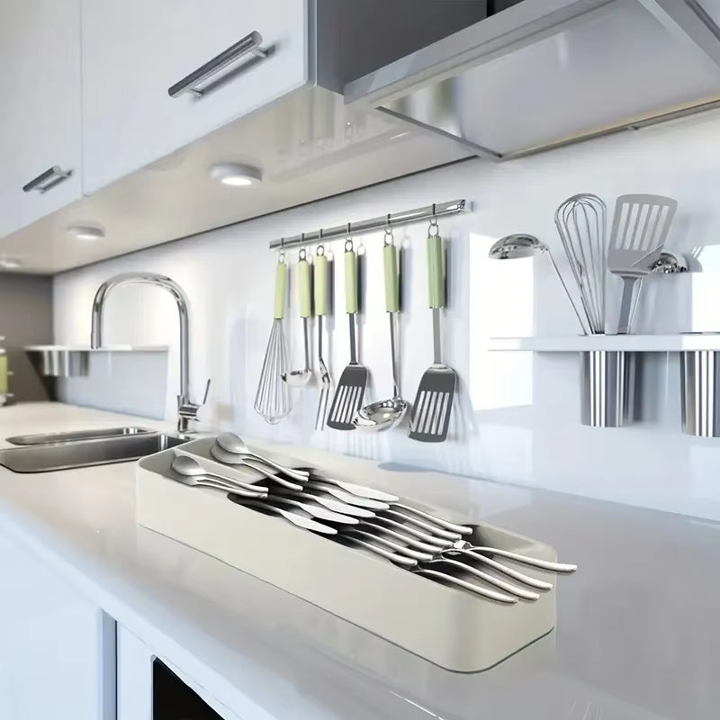 Multi-Purpose Cutlery Storage Organizer with Compartmentalized Design for Kitchen Drawers