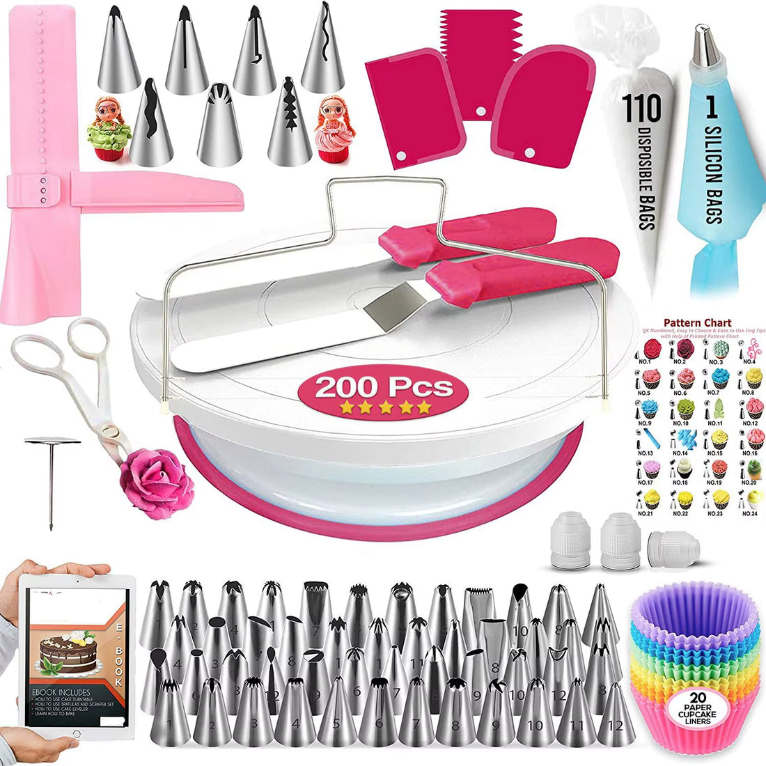 200-Piece Professional Cake Decorating Set with Rotating Turntable, Spatula, Piping Tips, Fondant Tools, and Pastry Accessories