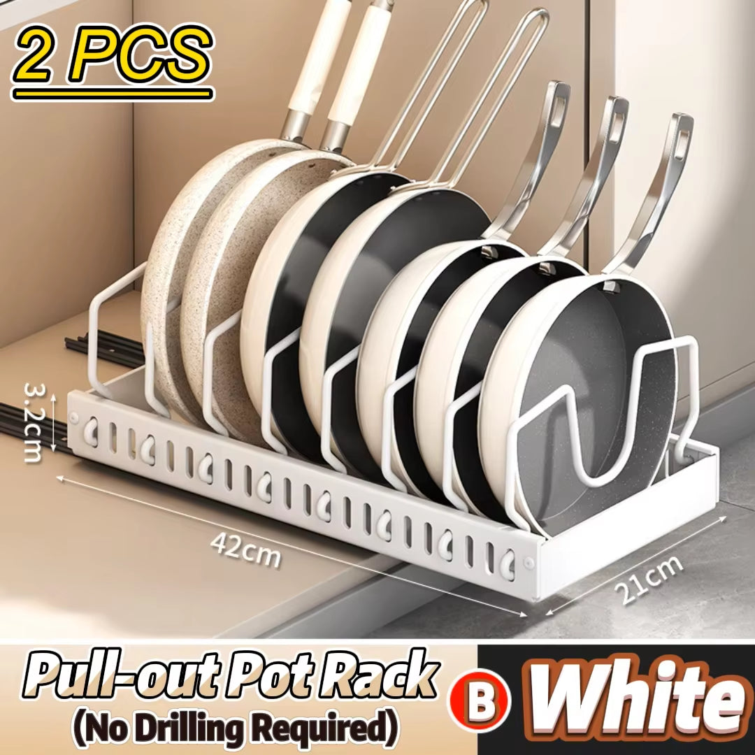 Under-Cabinet Pots and Pans Organizer with Sliding Lid Holder and Pull-Out Rack for Efficient Kitchen Storage