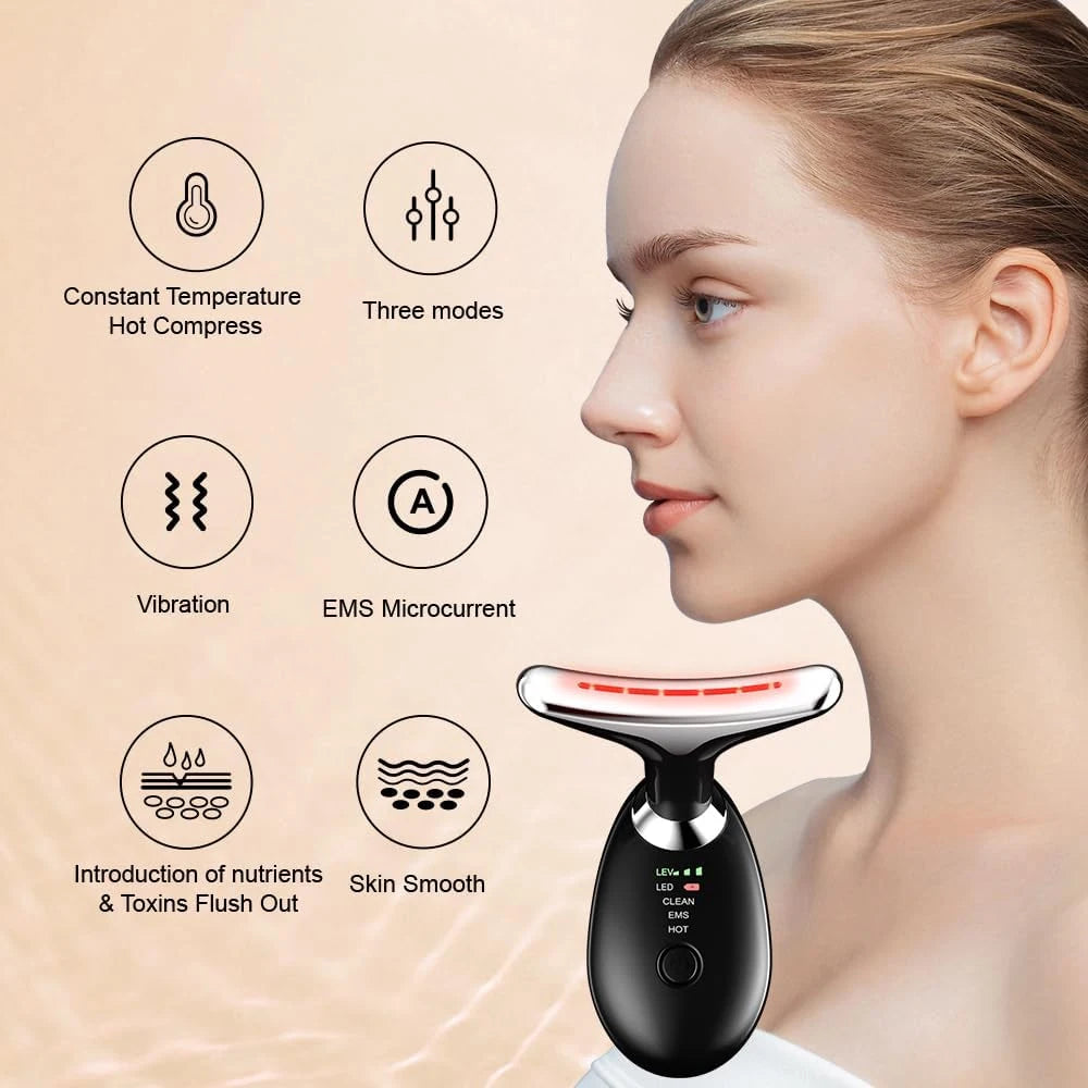 Neck and Facial Massager with Tri-Color Modes for Skin Rejuvenation and Contouring, Designed for Double Chin Reduction