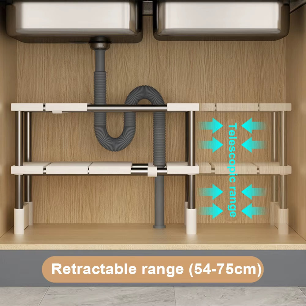 Stackable Storage Rack with Layered Partition for Closet Organization and Telescopic Sink Holder