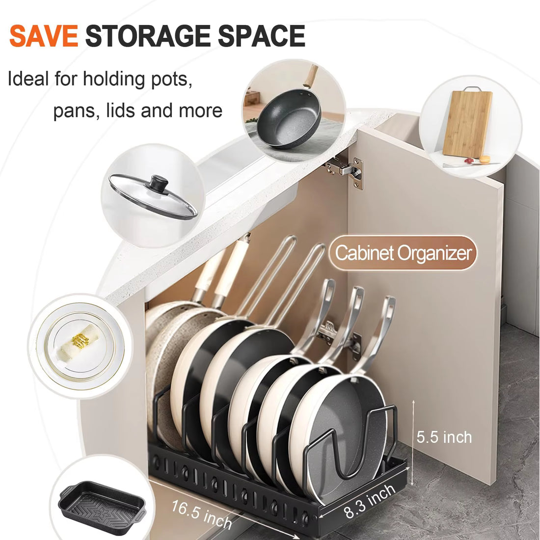 Under-Cabinet Pots and Pans Organizer with Sliding Lid Holder and Pull-Out Rack for Efficient Kitchen Storage