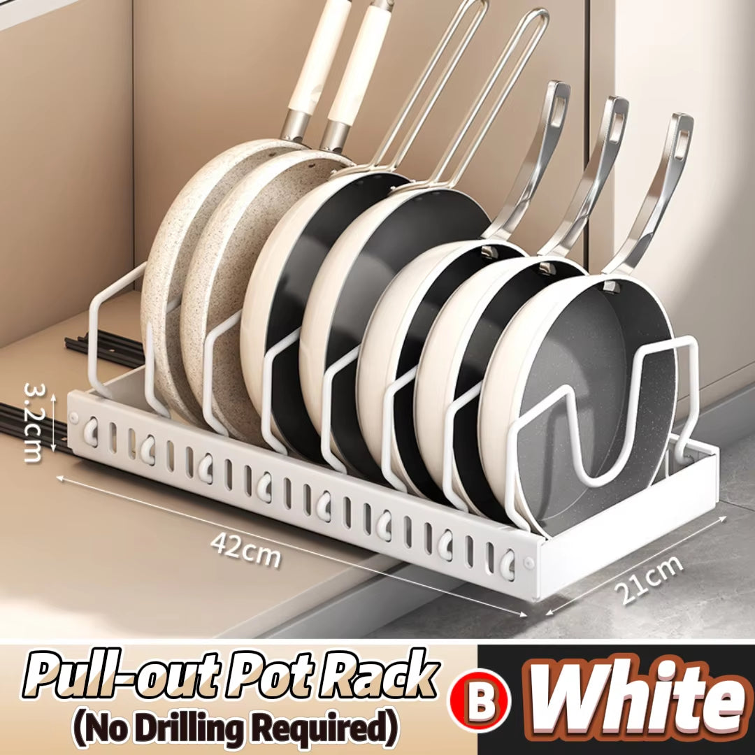 Under-Cabinet Pots and Pans Organizer with Sliding Lid Holder and Pull-Out Rack for Efficient Kitchen Storage