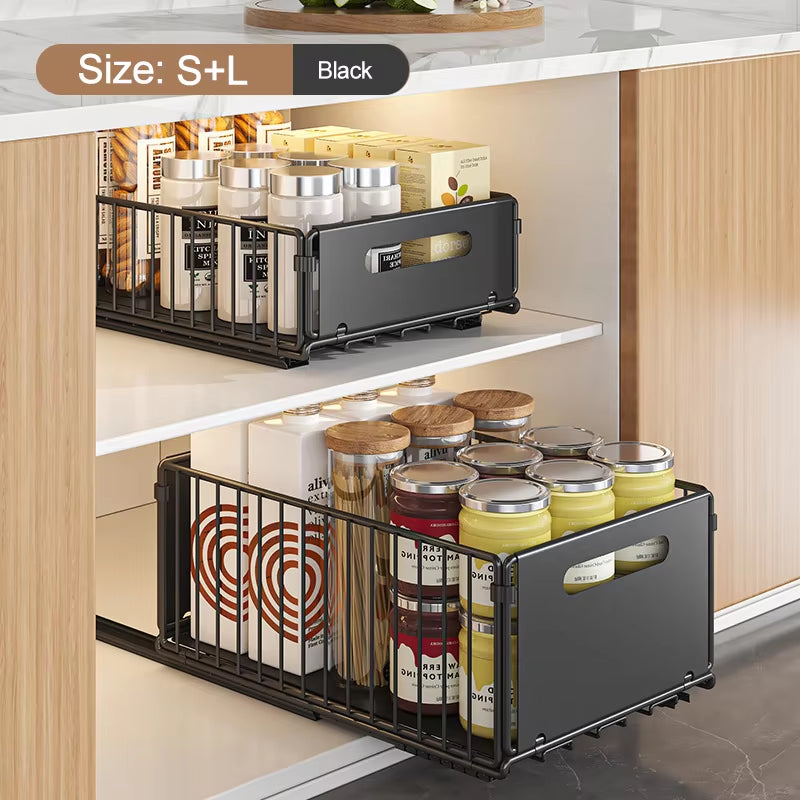 Pull-Out Kitchen Cabinet Organizer with Sliding Drawer and Spice Rack