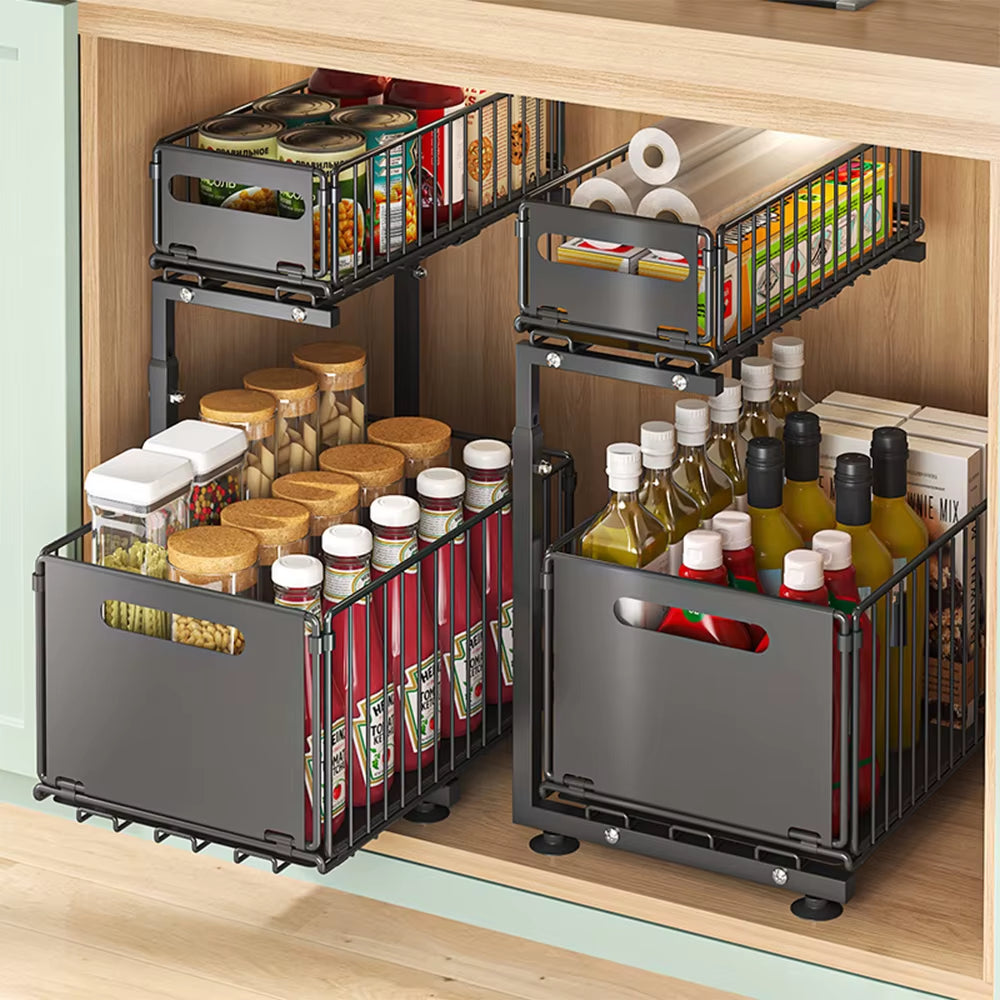 2-Tier Adjustable Pull-Out Cabinet Organizer for Kitchen Storage and Spice Jar Management