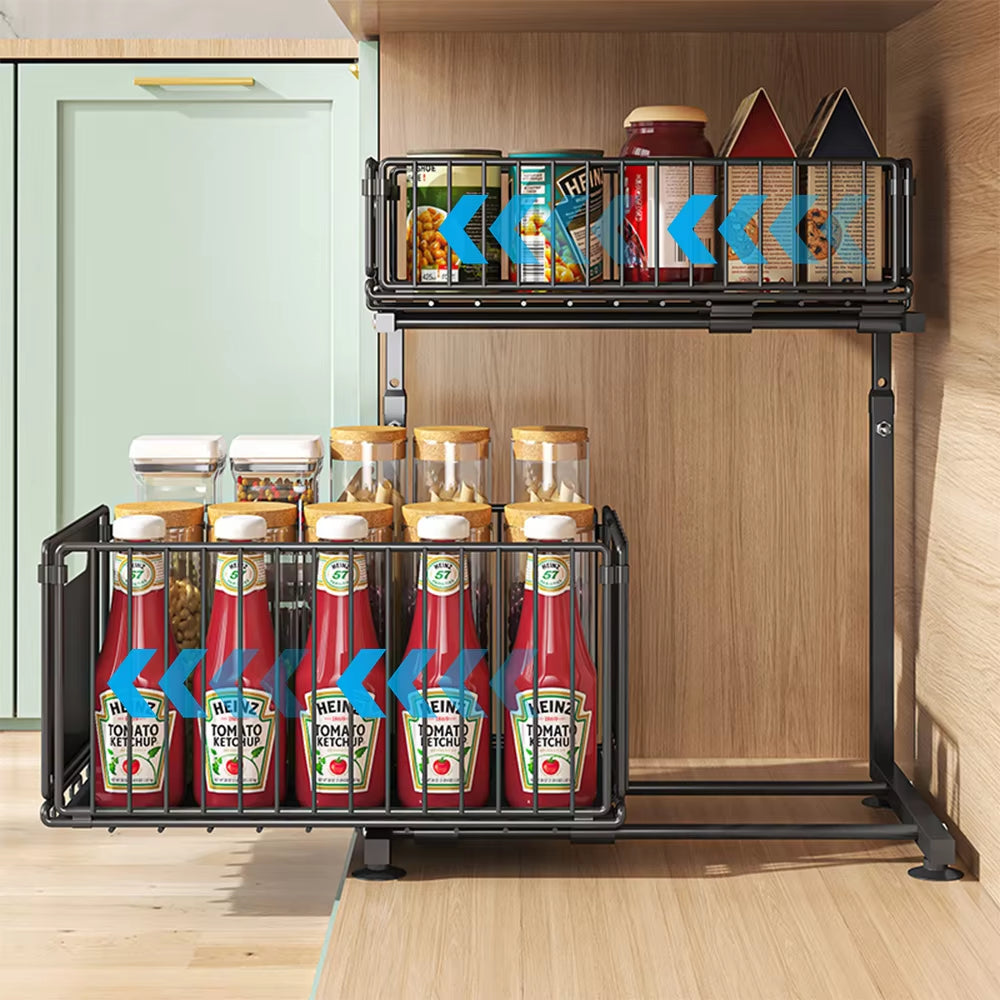 2-Tier Adjustable Pull-Out Cabinet Organizer for Kitchen Storage and Spice Jar Management