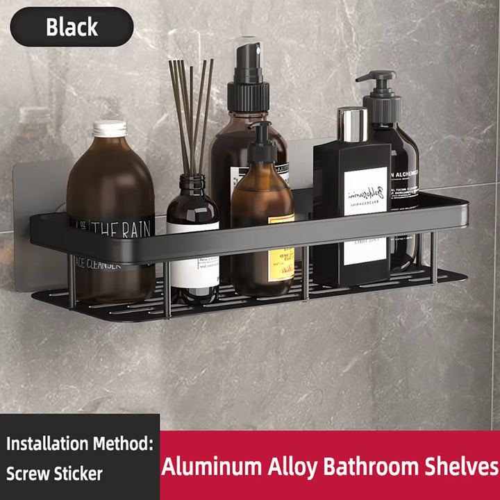 Corner Wall-Mounted Rectangular Bathroom Shelf and Towel Rack - Drill-Free Shower Shampoo Organizer