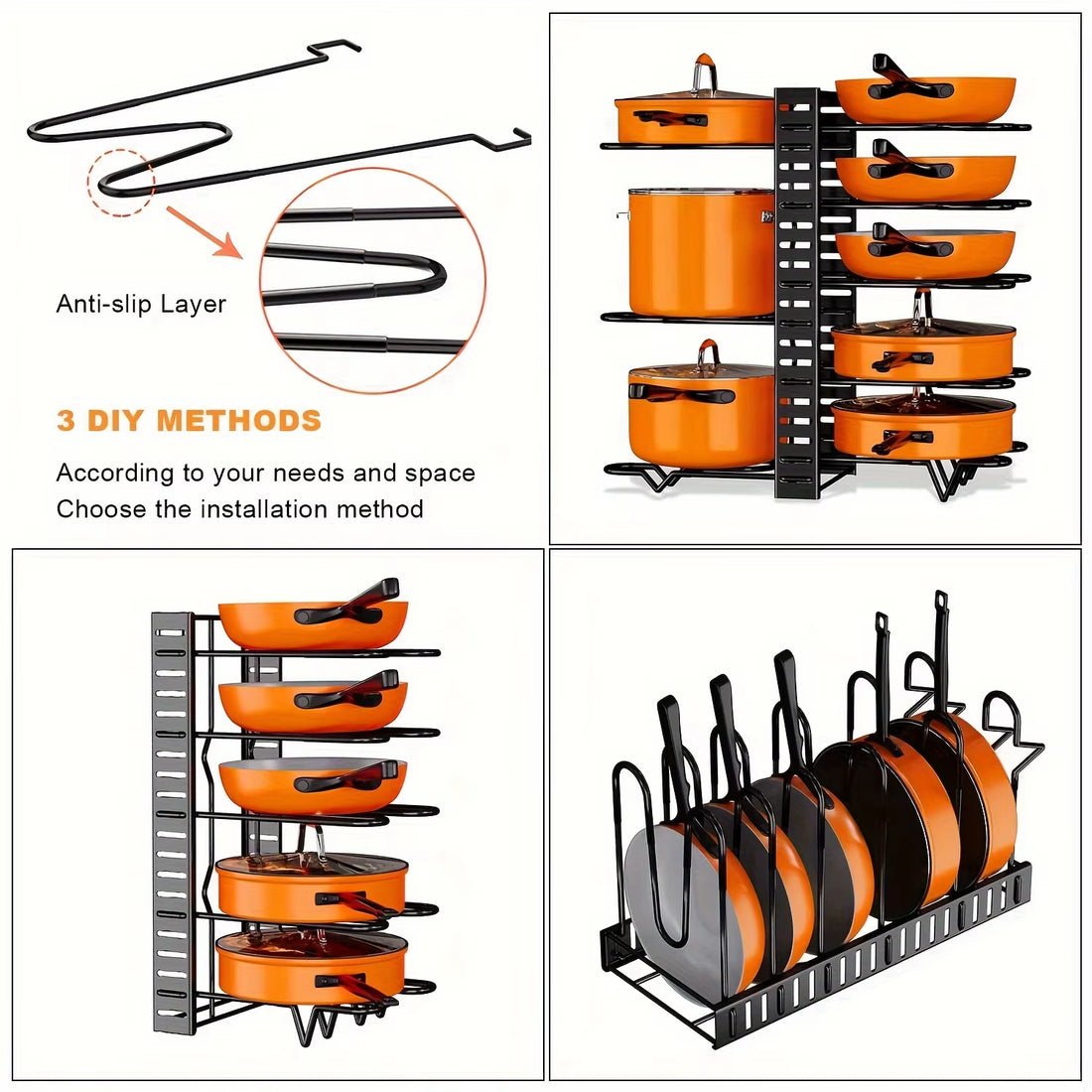 8-Tier Heavy-Duty Metal Pot Rack Organizer - Space-Saving Cabinet Holder for Pots, Pans, and Lids to Maintain a Neat and Tidy Kitchen