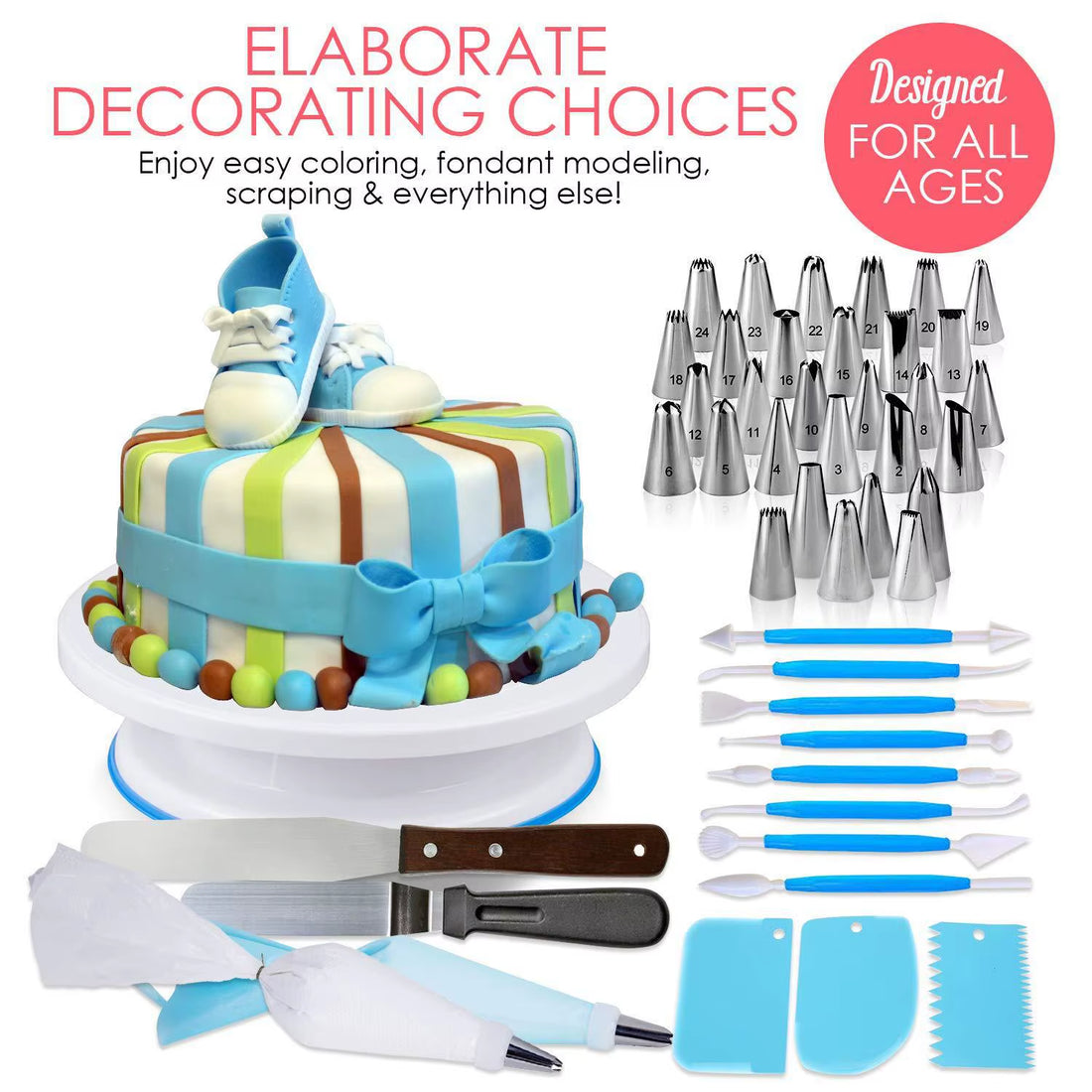 Comprehensive Baking Supplies Set: Piping Nozzles, Icing Bag, Rotary Turntable, and Cake Decorating Tools for Beginners and Enthusiasts