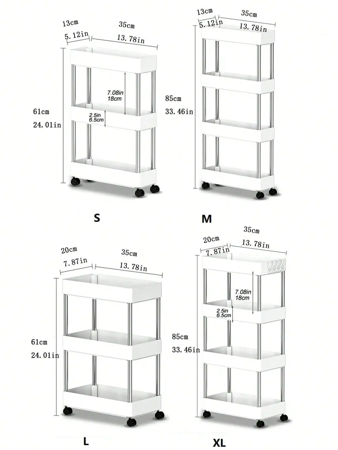 3/4-Tier Rolling Utility Cart - Versatile Storage Solution for Kitchen, Bathroom, and Living Room