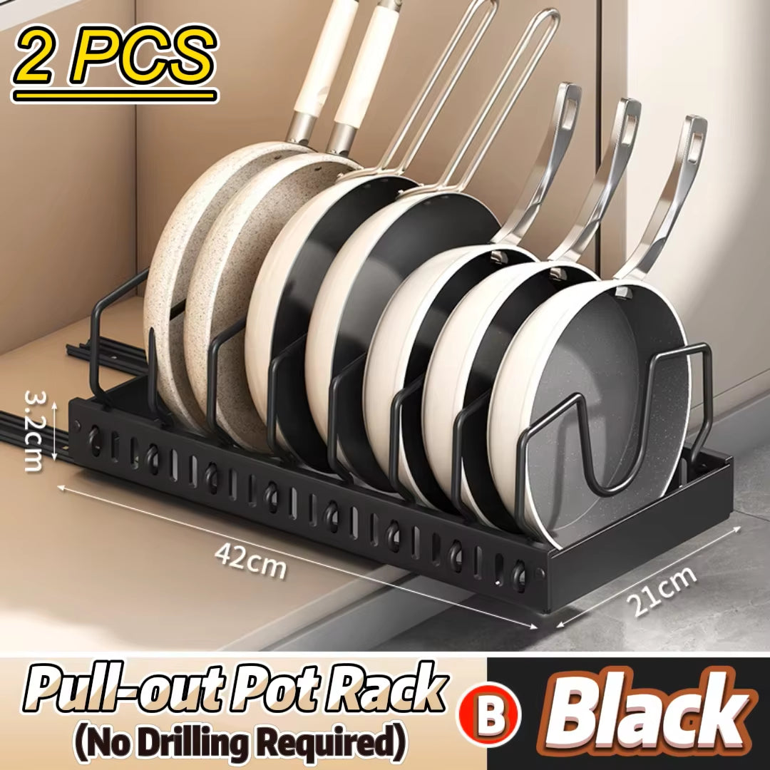 Under-Cabinet Pots and Pans Organizer with Sliding Lid Holder and Pull-Out Rack for Efficient Kitchen Storage