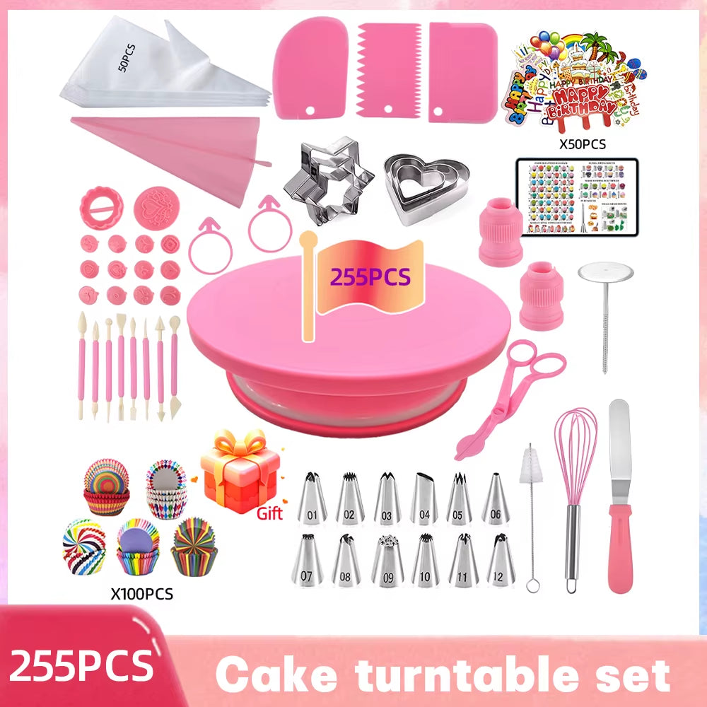 Professional Anti-Slip Cake Decorating Supplies Kit - 205/255 Pieces Including Cake Turntable, Pastry Piping Bags, and Icing Scrapers