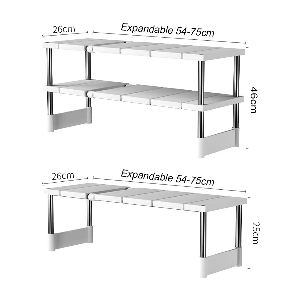 Stackable Storage Rack with Layered Partition for Closet Organization and Telescopic Sink Holder