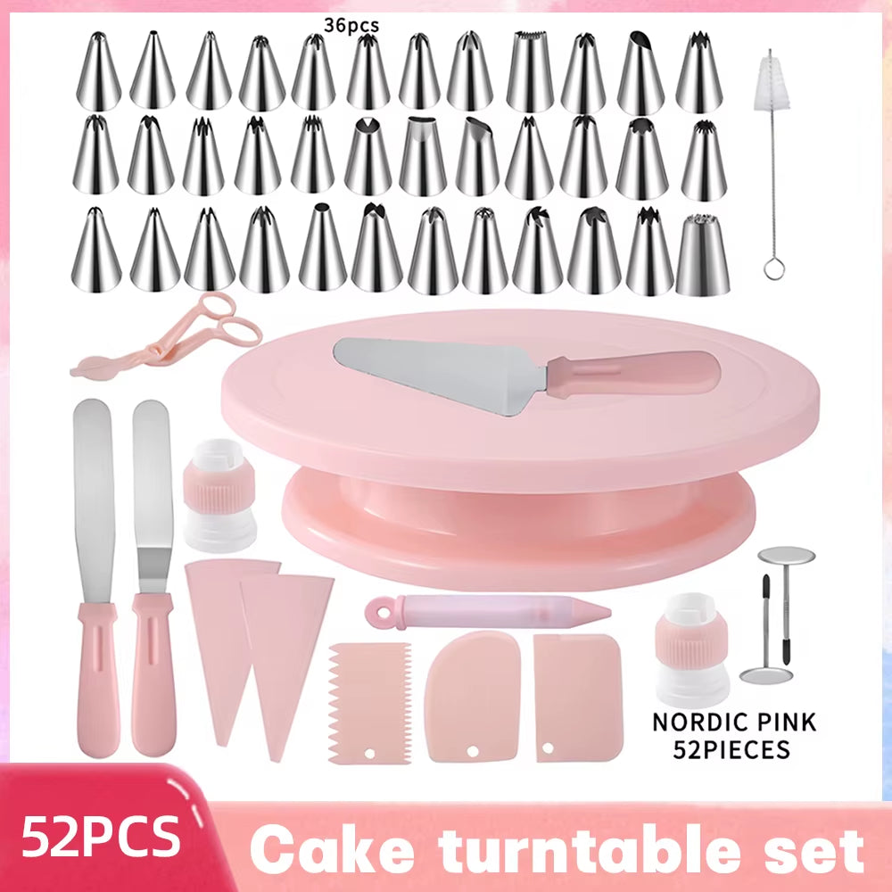 52-Piece Professional Cake Decorating Tool Set with Pastry Turntable, Piping Nozzles, and Rotating Stand