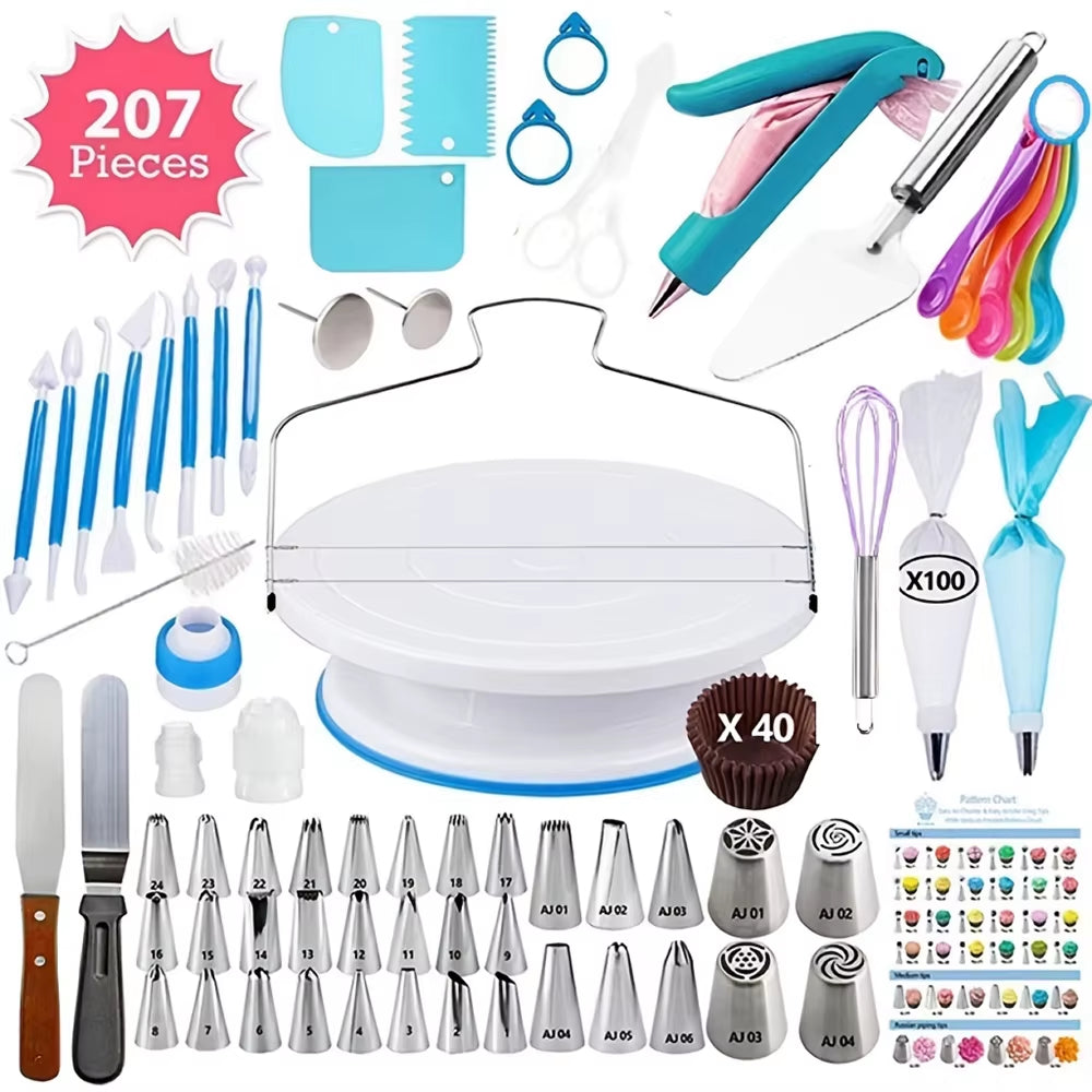 207-Piece Professional Cake Decorating Tool Set with Turntable, Leveler, Piping Tips, Icing Bags, and Spatulas