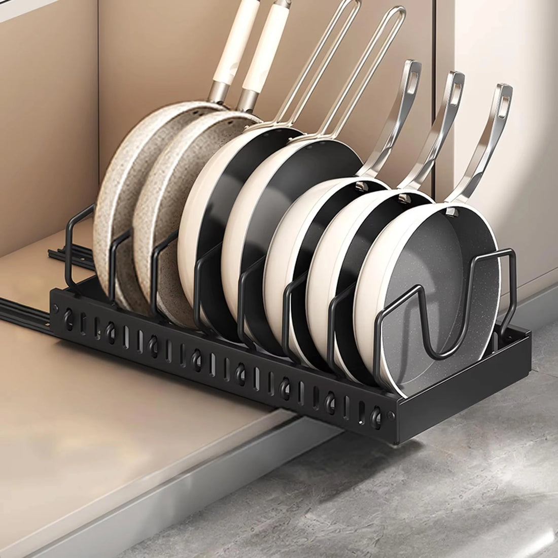 Under-Cabinet Pots and Pans Organizer with Sliding Lid Holder and Pull-Out Rack for Efficient Kitchen Storage