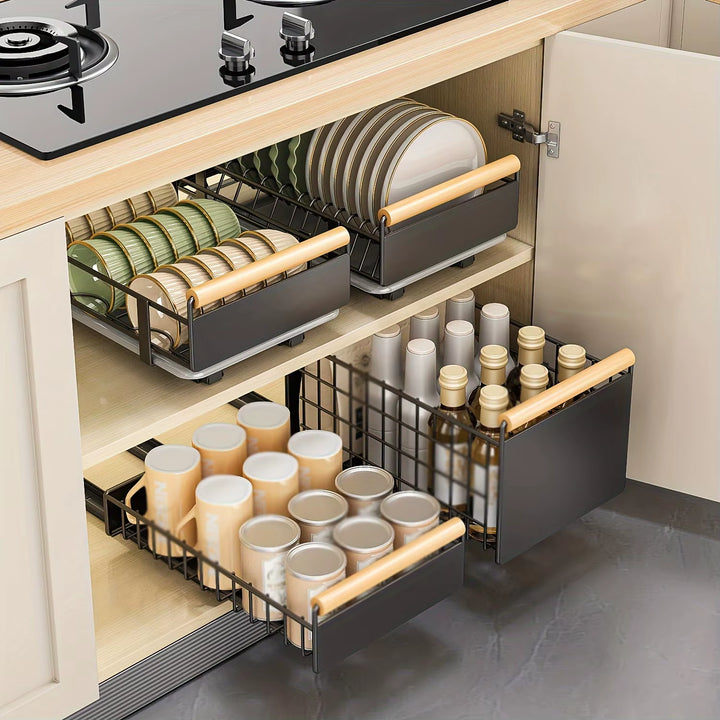 KIXOT Multifunctional Pull-Out Dish Rack with Wooden Handle and Drain Tray, Single Layer Organizer