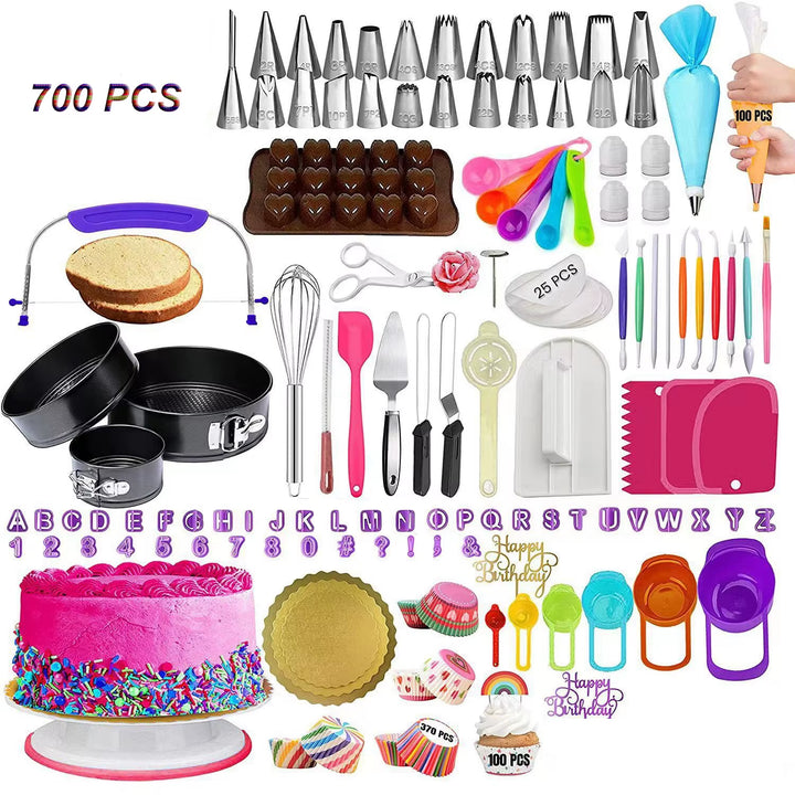 Professional 700-Piece Cake Decorating Supplies Set with Essential Baking Tools, Featuring Springform Pans, Cake Leveler, Turntable, and More