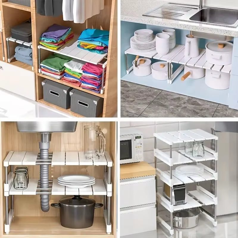 Stackable Storage Rack with Layered Partition for Closet Organization and Telescopic Sink Holder