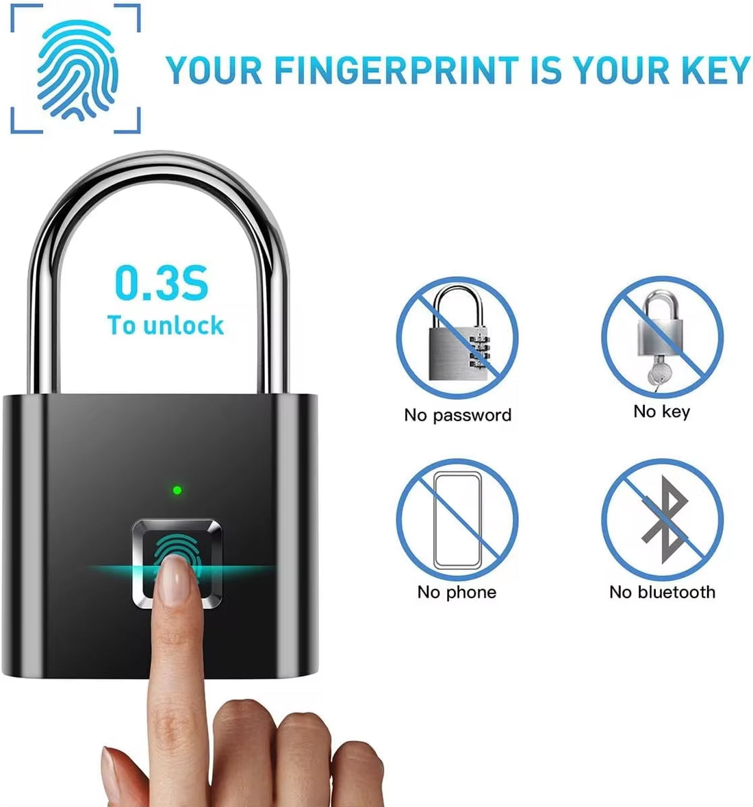 Portable Fingerprint Padlock with USB Rechargeable Lithium Battery, Waterproof and Durable Zinc Alloy Construction