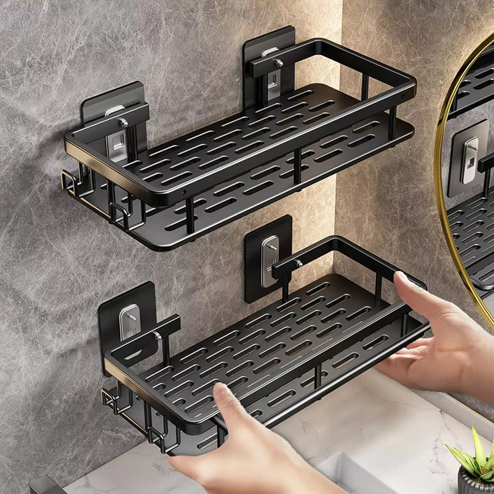 Corner Wall-Mounted Rectangular Bathroom Shelf and Towel Rack - Drill-Free Shower Shampoo Organizer