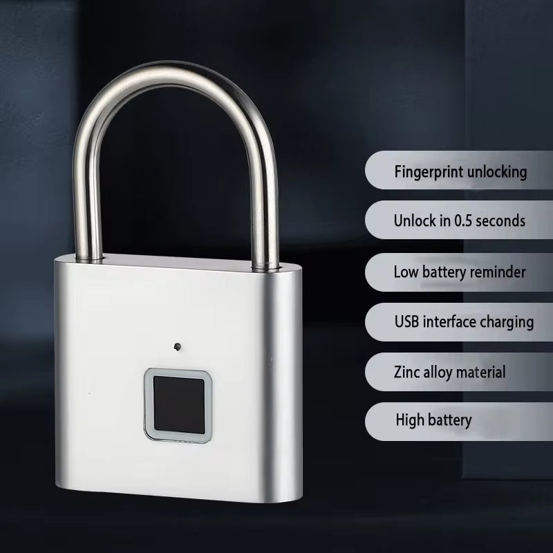 Portable Fingerprint Padlock with USB Rechargeable Lithium Battery, Waterproof and Durable Zinc Alloy Construction