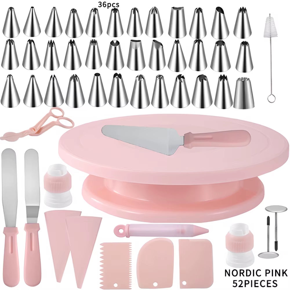 52-Piece Professional Cake Decorating Tool Set with Pastry Turntable, Piping Nozzles, and Rotating Stand