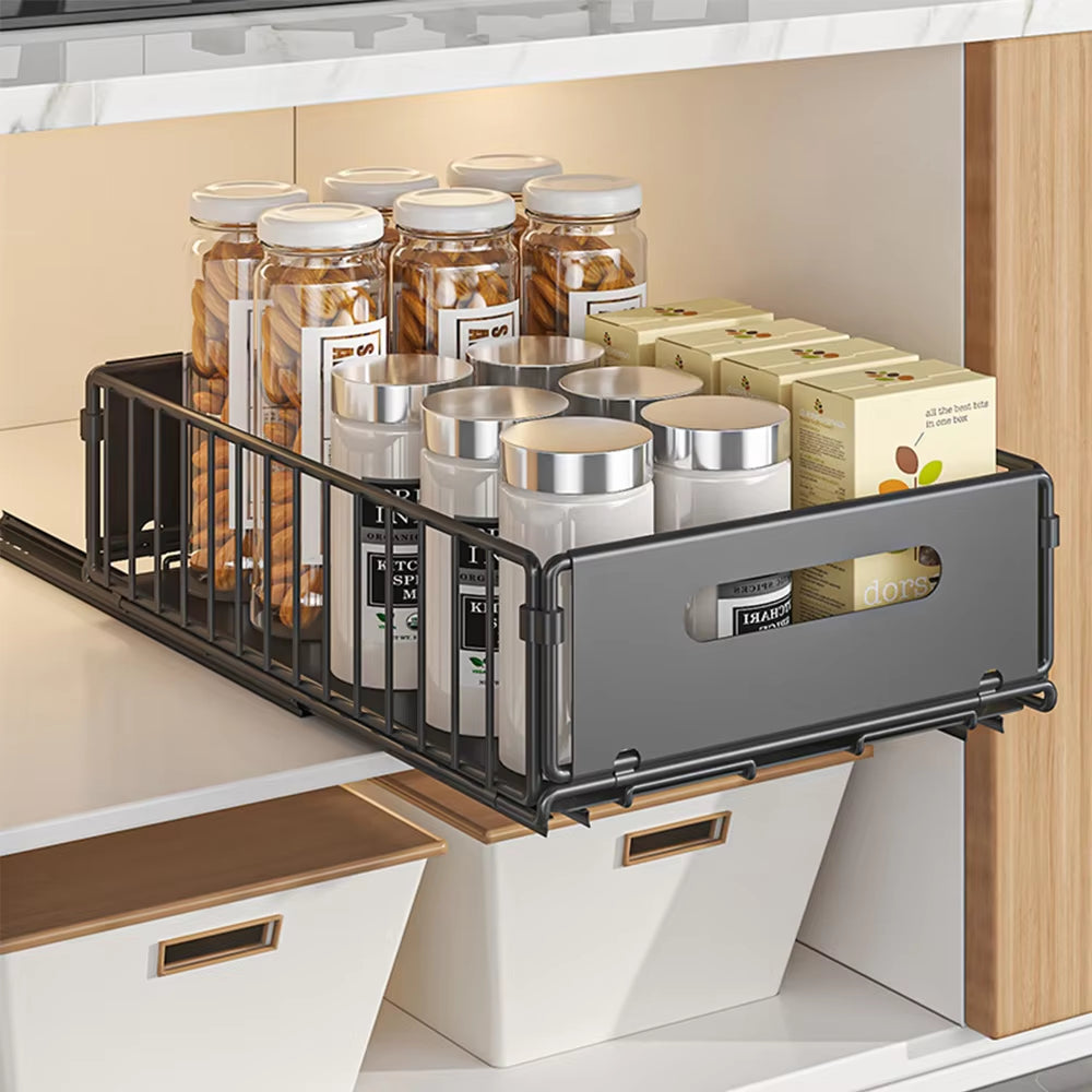 Pull-Out Kitchen Cabinet Organizer with Sliding Drawer and Spice Rack