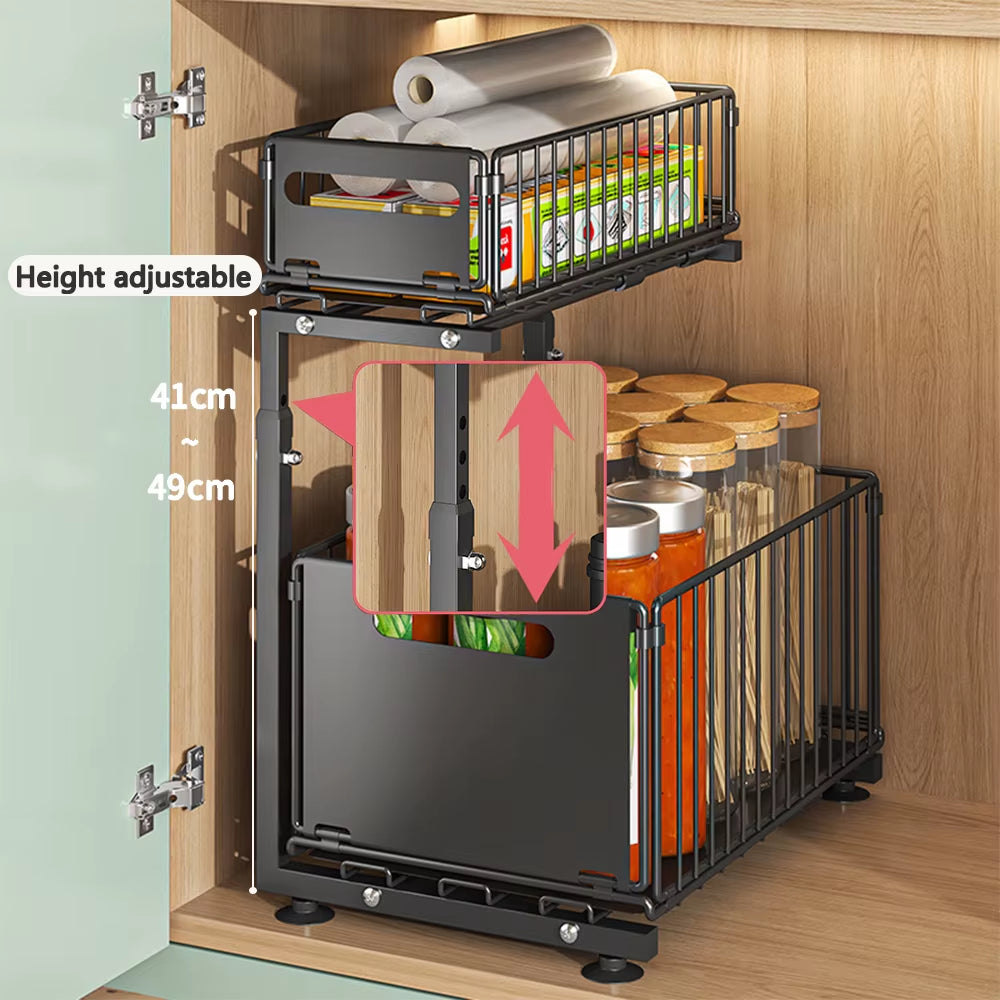 2-Tier Adjustable Pull-Out Cabinet Organizer for Kitchen Storage and Spice Jar Management