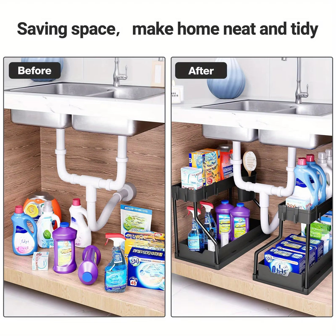 Multi-Tiered Pull-Out Storage Rack for Kitchen and Bathroom Sundries