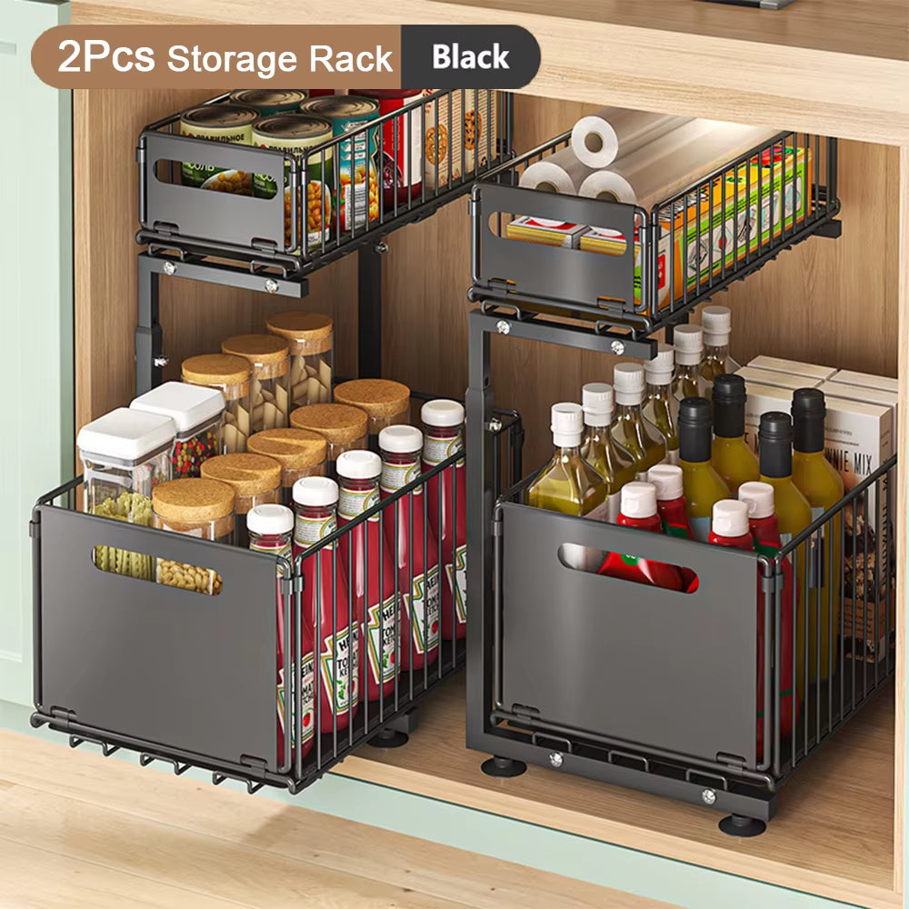 2-Tier Adjustable Pull-Out Cabinet Organizer for Kitchen Storage and Spice Jar Management