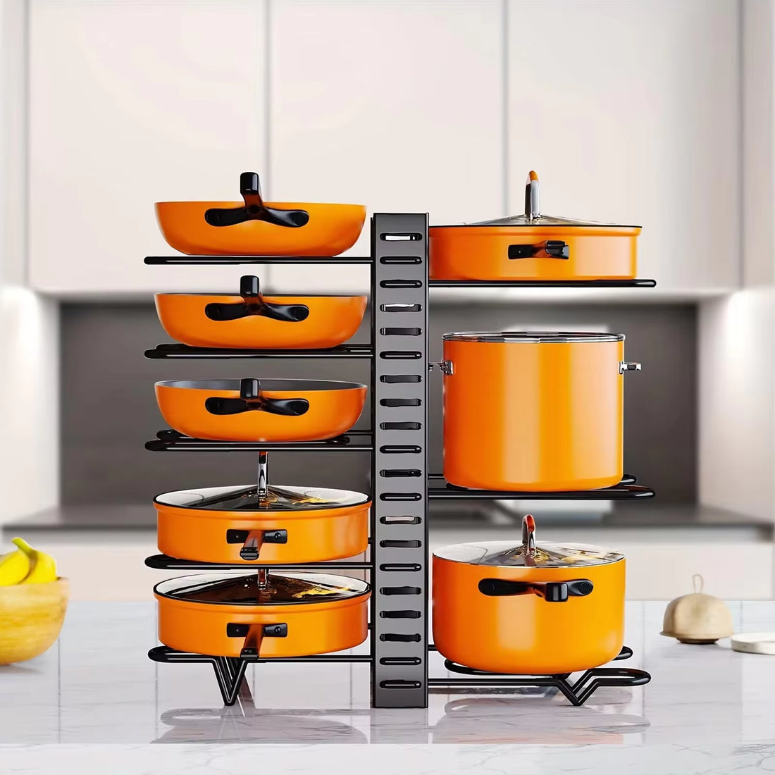 8-Tier Heavy-Duty Metal Pot Rack Organizer - Space-Saving Cabinet Holder for Pots, Pans, and Lids to Maintain a Neat and Tidy Kitchen