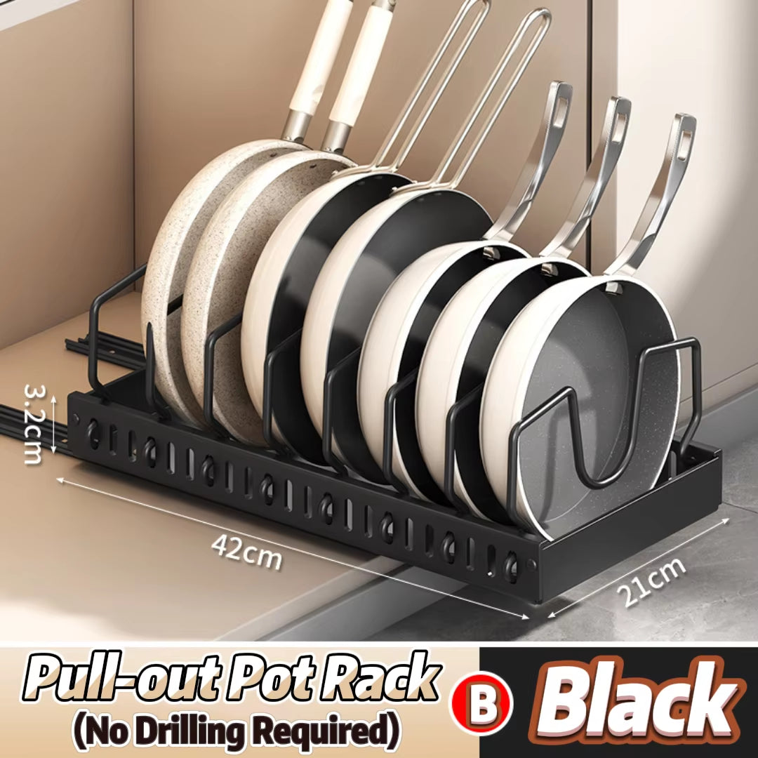 Under-Cabinet Pots and Pans Organizer with Sliding Lid Holder and Pull-Out Rack for Efficient Kitchen Storage