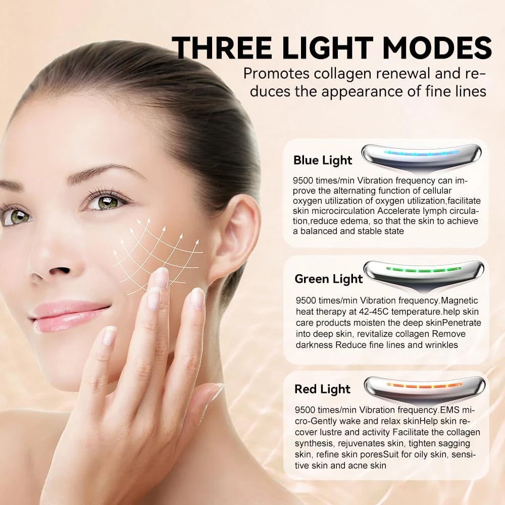 Neck and Facial Massager with Tri-Color Modes for Skin Rejuvenation and Contouring, Designed for Double Chin Reduction