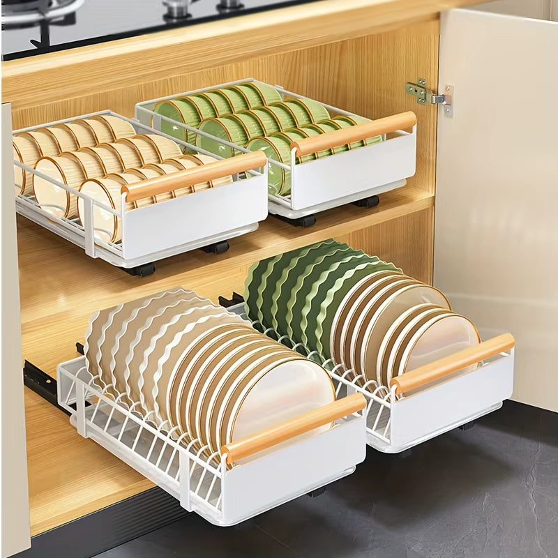 KIXOT Multifunctional Pull-Out Dish Rack with Wooden Handle and Drain Tray, Single Layer Organizer