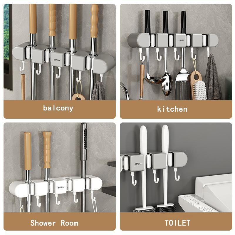 Wall-Mounted Mop Holder - Punch-Free Mop Hook and Storage Rack for Bathroom and Kitchen Organization