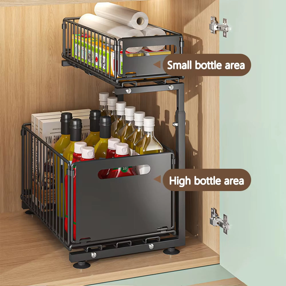 2-Tier Adjustable Pull-Out Cabinet Organizer for Kitchen Storage and Spice Jar Management